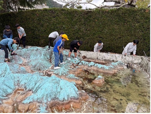 模型池の落ち葉を回収しているところ